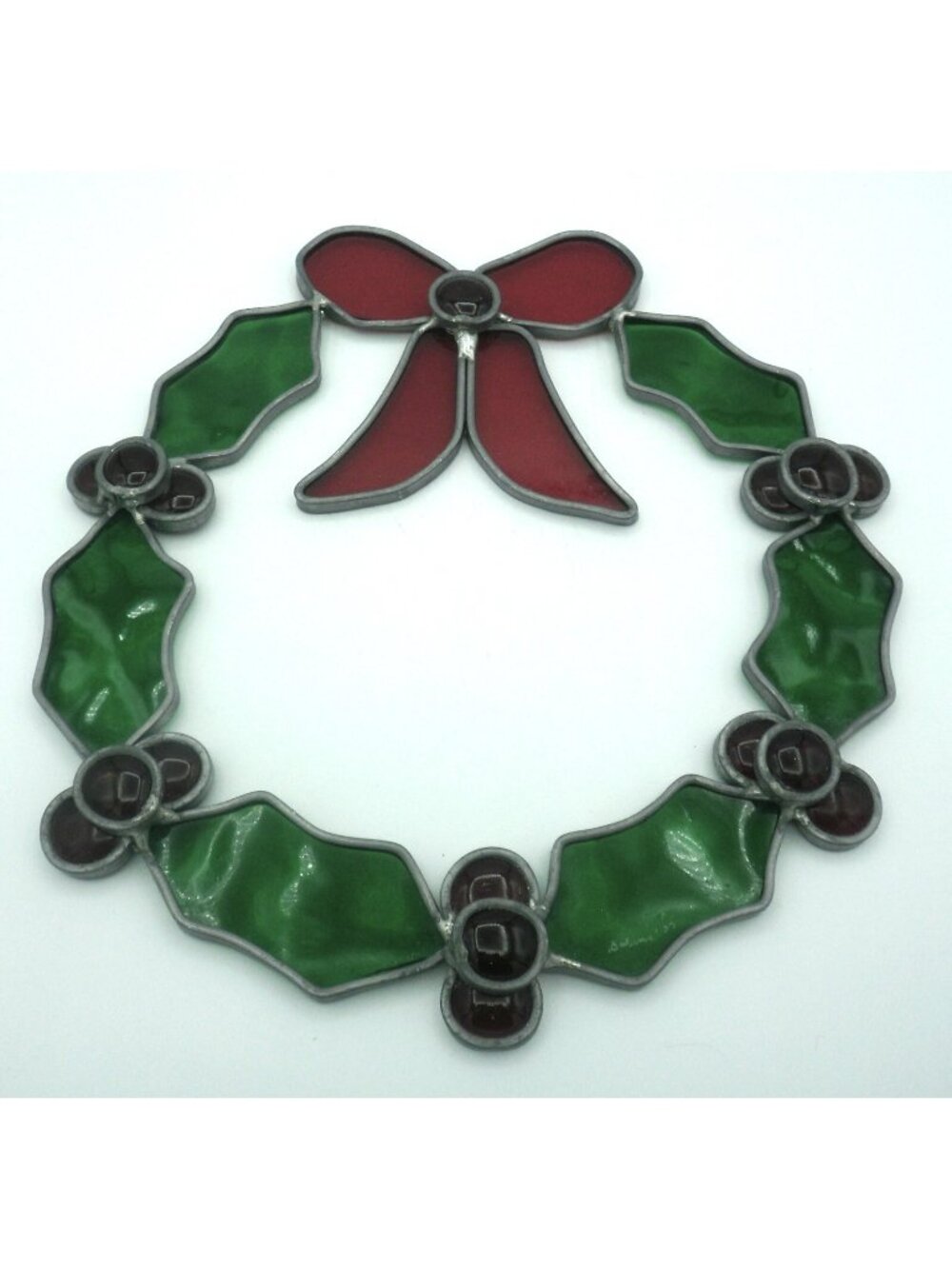 Stained Glass Holly Berry Wreath Sun Catcher Ornament 10 Inches Signed 1977